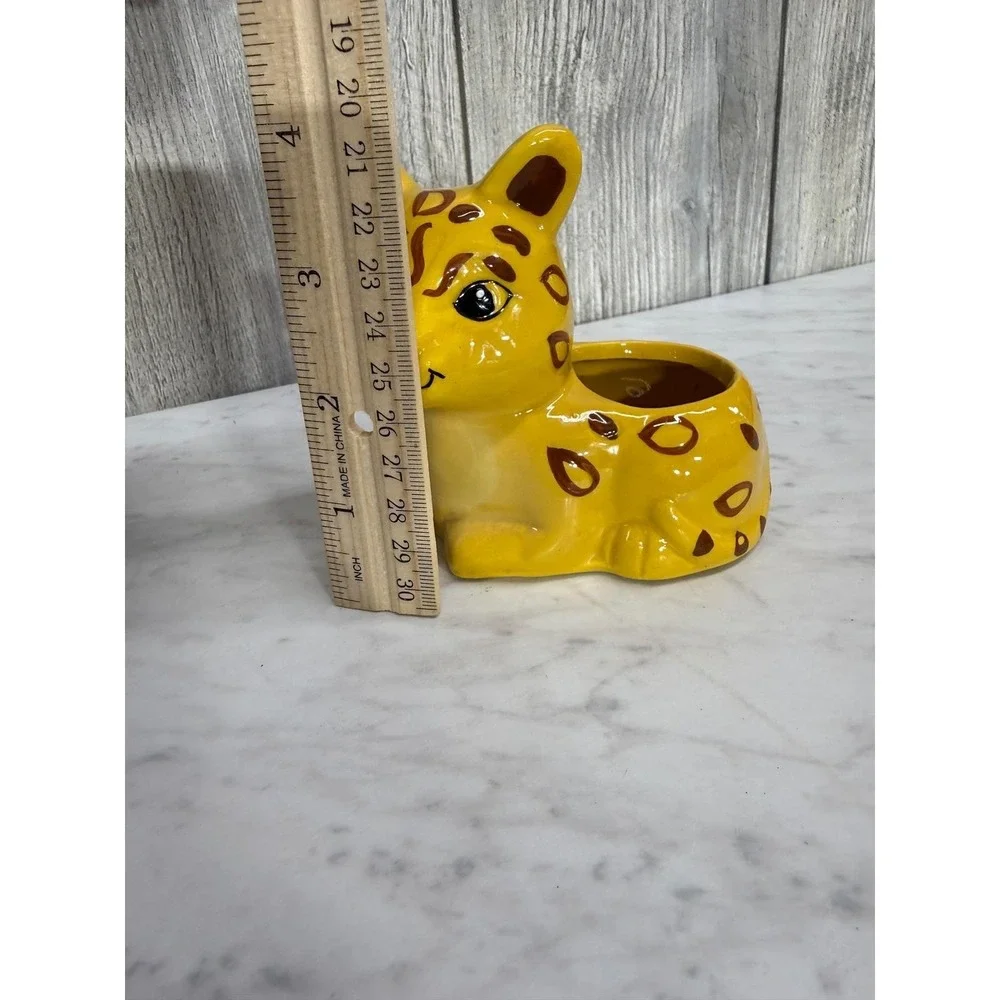 Vintage Yellow Ceramic Leopard Cub Planter Hand Painted Spotted Kitten Figurine